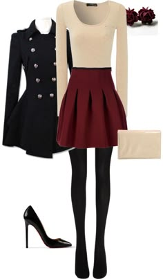 This is a cute outfit. Love the contrasting colors, it really makes it stand out yet it is also subtle with the neutral colors. The thing that makes it stand out is the skirt because like the color. Winter Wedding Attire, Skirt Patterns, Cute Christmas Outfits, Peplum Tops, Rock Punk, Thanksgiving Outfit, Looks Chic, Rilakkuma, Heidi Klum