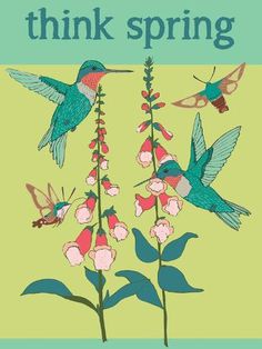 a book cover with two hummingbirds flying over flowers and the words, think spring