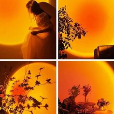 four different images of a woman standing in front of a yellow ball with flowers on it