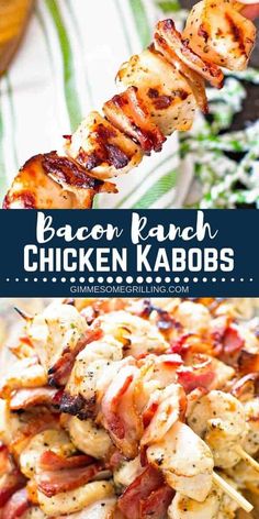 bacon ranch chicken kabobs on skewers with the title text above it