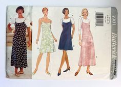 Uncut and factory folded vintage 1990s Butterick fast and easy pattern for a dress with straps and raised waist in two lengths and a short sleeve top. Very 90s, very demure. Sizing is 6 - 8 - 10 - 12. Sundress Sewing Patterns, Butterick Dress Patterns, Empire Waist Dress Pattern, Summer Slip Dress, Halter Dress Summer, Simplicity Dress, Top Sewing, Halter Top Dresses, Butterick Pattern