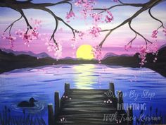 a painting of a dock with flowers on it and the sun setting in the background