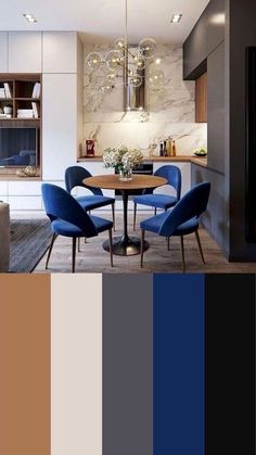 a dining room table with blue chairs and a chandelier hanging from the ceiling