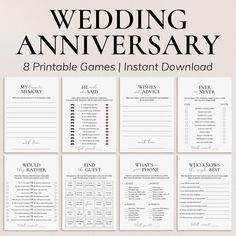 the wedding anniversary game printable is shown in black and white, with red accents