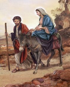 a painting of jesus riding on the back of a donkey next to a man with a staff