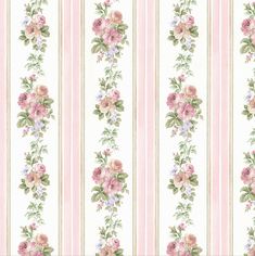 a pink and white striped wallpaper with flowers on it