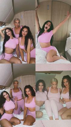 three women in matching pink outfits posing for pictures on a bed with their arms up