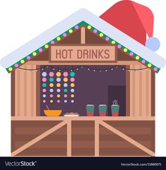 a hot drink stand with a santa hat on it's head and lights hanging from the roof