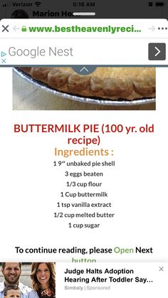 the recipe for buttermilk pie is displayed on an iphone screen, and it appears to be in english