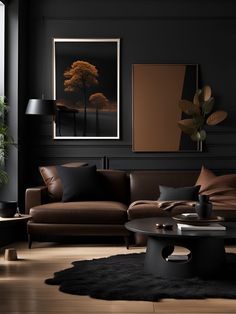 a modern living room with black walls and leather couches, coffee table and art on the wall