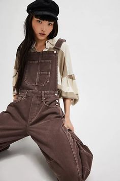 We The Free Good Luck Barrel Overalls | Free People Brown Dungarees Outfit, Brown Overalls Outfits, Dress With Sweater Over It, Brown Dungarees, Overalls And Boots, Organised Clothes, Hiking Outfits Summer, Cute Hiking Outfits, Dungaree Outfit