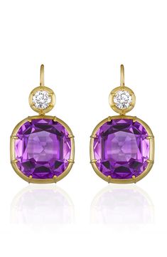 Glittering round diamonds top these gorgeous cushion-cut amethyst drop earrings that will bring effortless opulence and color to any ensemble. 1 3/8" drop Lever-back closure Total amethyst weight: 31.0ct. Total diamond weight: 1.20ct. Color: G–H Clarity: VS Amethyst/18k gold/diamond Made in the USA >Diamond Guide Elegant Dressing, Sparkling Jewelry, Book Jewelry, Sparkle Jewelry, Diamond Guide, Amethyst Jewelry, I Love Jewelry, Diamond Drops, Amethyst Earrings