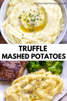 mashed potatoes and broccoli on a plate with the words, truffle mashed potatoes