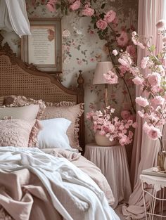 a bed with pink flowers on the wall next to a lamp and window sill