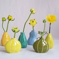 four different colored vases with flowers in them