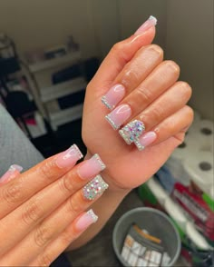 Short Bling Set Nails, Short Nails Acrylic Diamonds, Short Boujee Acrylic Nails, Short Acrylic Nails Square Rhinestone, Short Boujee Nails, Short French Tip Nails With Rhinestones, 18th Birthday Nails Ideas Short, Short French Tip Acrylic Nails Square With Rhinestones, Short Acrylic Nails Rhinestones