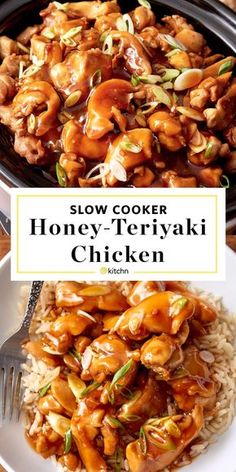 slow cooker honey - teriyaki chicken on top of rice in a bowl