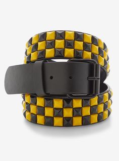 Take the classic studded belt look one notch further with this black and yellow version. Comes with 3 rows of pyramid studs and features black hardware.XS: 25	XL: 41S: 29	2X: 45M: 33	3X:49L: 37	4X: 52Polyurethane; alloyImported Stud Belts, Spongebob Outfit, Scene Belt, Scene Clothes, Basic Accessories, Stud Belt, Scene Accessories, Denki Kaminari, Yellow Belt