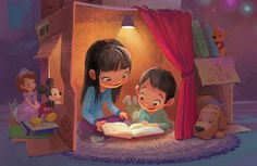 two children are looking at an open book