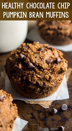 healthy chocolate chip pumpkin bran muffins with text overlay