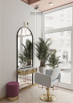 a room with a chair, mirror and potted plant on the floor in front of a large window