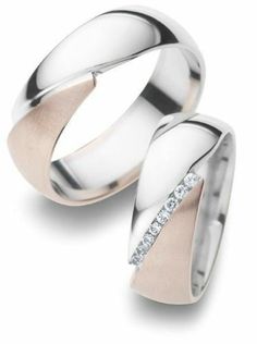 two wedding rings with diamonds on each one and the other in white, pink and yellow gold