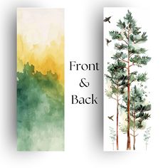 two vertical banners with watercolor trees and birds on them, one in green and the other in yellow