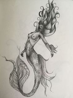 a drawing of a mermaid with her hair blowing in the wind and water around her