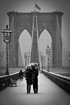 two people are standing under an umbrella on a bridge in the snow while it's snowing