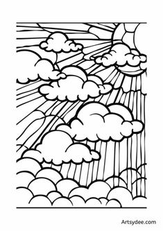 a coloring page with clouds and sun in the sky, as well as a line drawing