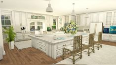 a large white kitchen with lots of counter space and chairs around the island in front of it