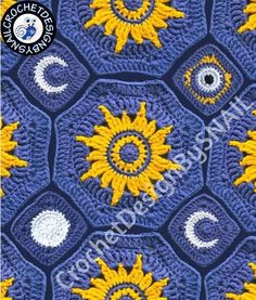 crocheted sunflowers and moon on blue background with white circles in the center