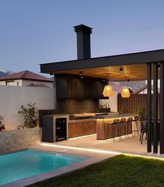 Pool Barbecue Area, Barbecue Areas Outdoor, Japandi Terrace, Parrilla Interior, Rustic Basement Bar, Cottage Tiny House, Outdoor Restaurant Design, Deck Designs Backyard, Backyard Pavilion