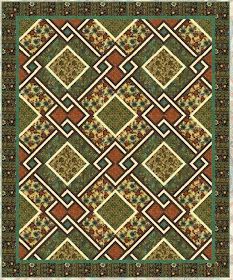 a green and brown area rug with an intricate design on the center, surrounded by smaller squares