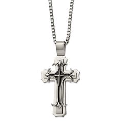 Celebrate and honor all special occasions with jewelry of religious significance! Our collection of spiritually inspired designs that show faith, hope and devotion are perfect for commemorating life's milestones. This men's oversized stainless steel necklace features a polished, brushed and black enamel triple cross pendant that is approximately 55mm (2 1/8 inch) in width, 11.25mm in thickness, and 107mm (4 1/4 inch) in length, which includes the bail. It hangs on a 4mm width by 24-inch-long pol Black Cross Necklace, Stainless Steel Cross Pendant, Necklace Chain Types, Steel Cross, Steel Product, Stainless Steel Polish, Bow Jewelry, Circle Diamond, Necklace Box