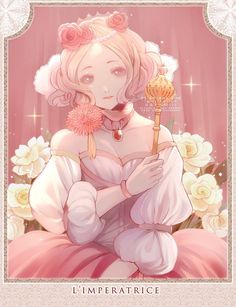 an anime character with pink hair holding a flower