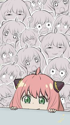 an anime character with pink hair and green eyes looking over a wall full of cartoon faces