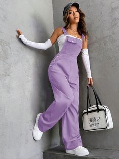 Morado Casual Collar sin mangas Tela Liso Pantalones de tira Embellished No-Elástico Clothes For Summer 2023, Overalls Cute Outfit, Nude Overalls, Khaki And White Outfits, Apricot Outfit, Shein Overalls, Woman Overalls, Fabric Overalls, Playful Outfits