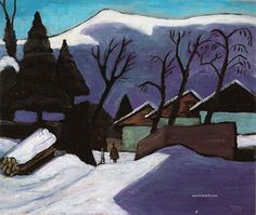 a painting of people walking in the snow near houses and trees with mountains in the background