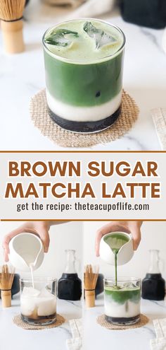 brown sugar matcha latte is being poured into a cup