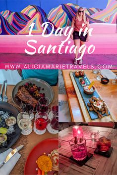 a woman standing in front of a table with food on it and the words, 1 day in santiago