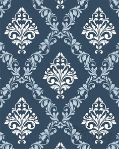 a blue and white wallpaper with an ornate design on it's back ground