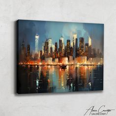 a painting of a cityscape is shown in this wall hanging art print on the wall