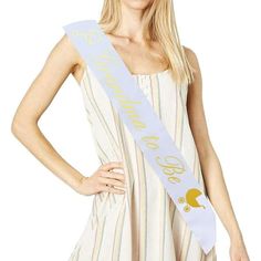 a woman wearing a white and blue sash with the words, i love you on it