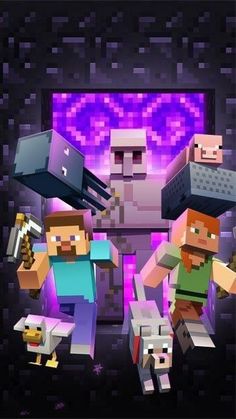 minecraft characters in front of a computer screen with purple and blue lights behind them