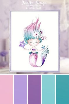 the color scheme is purple, blue and green with an image of a mermaid on it