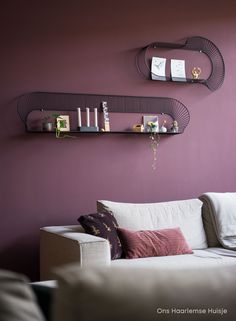 a living room with two shelves on the wall and a white couch in front of it