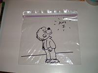 there is a drawing on the back of a plastic bag