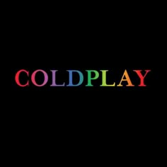 the word coldplay written in multicolored letters on a black background with rainbow colors