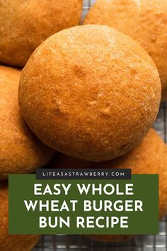 whole wheat burgers stacked on top of each other with the words, easy whole wheat burger